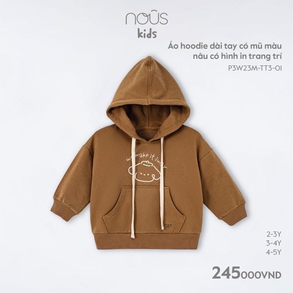  Áo hoodie dài tay có mũ màu nâu có hình in trang trí 